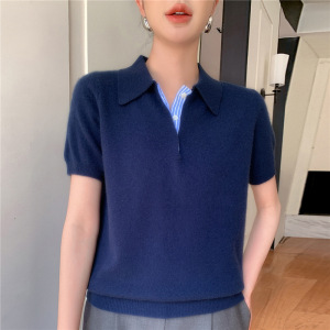 秋冬新款百搭间色设计POLO衫舒适安迪绒针织短袖女士套头上衣