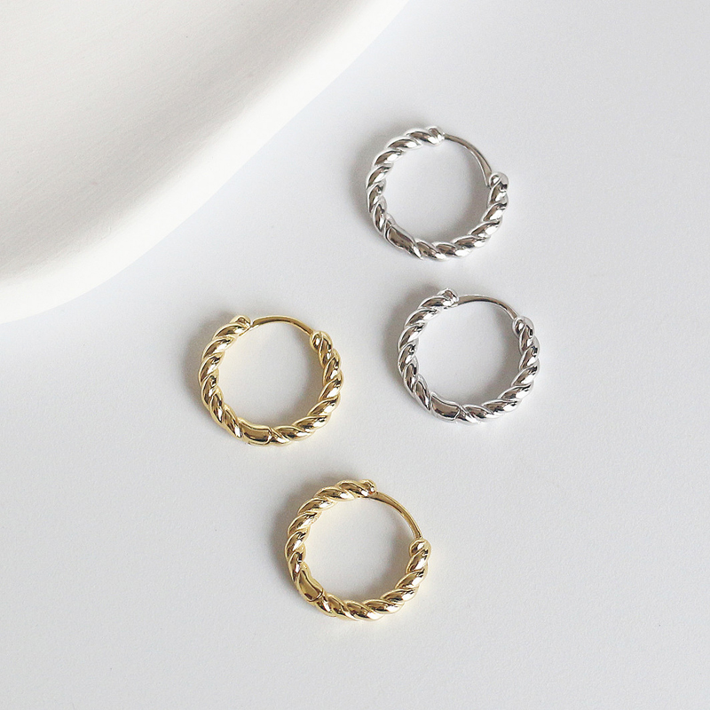 韩版S925纯银耳环极简扭纹麻花女耳环耳圈简约几何气质镀金银耳饰送女朋友老婆情人节七夕生日礼物