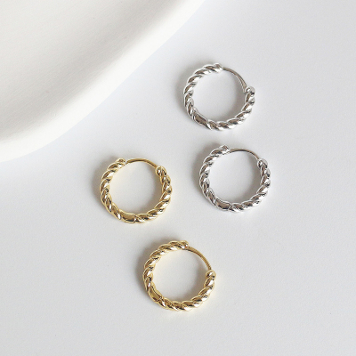 韩版S925纯银耳环极简扭纹麻花女耳环耳圈简约几何气质镀金银耳饰送女朋友老婆情人节七夕生日礼物
