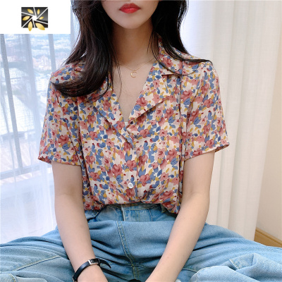 暖青汇大码胖mm碎花衬衫女短袖设计感小众夏季洋气港风复古气质雪纺上衣蕾丝衫