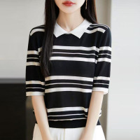 夏季女装新款曲珠冰麻丝POLO领针织衫条纹T恤短袖女背心
