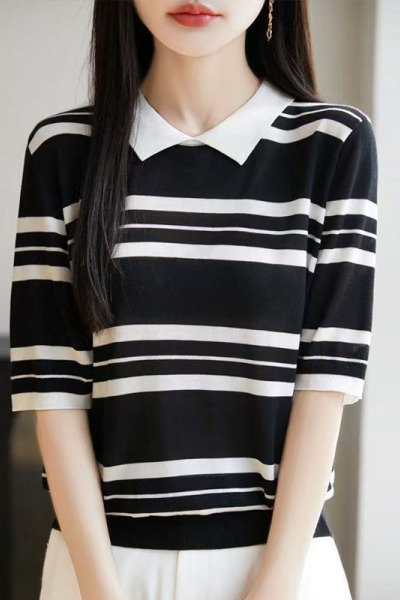 夏季女装新款曲珠冰麻丝POLO领针织衫条纹T恤短袖女背心