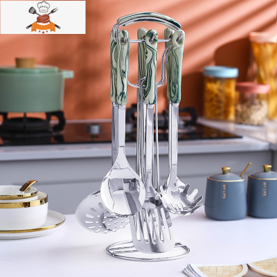 北欧不锈钢厨具全套炒菜套装锅铲勺子厨房家用火锅漏勺汤勺挂架托 敬平 大理石纹-绿银色 7件套