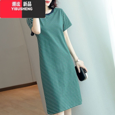 YIBUSHENG连衣裙中长款T恤女过膝2023季季宽松显瘦时尚条纹圆领上衣潮