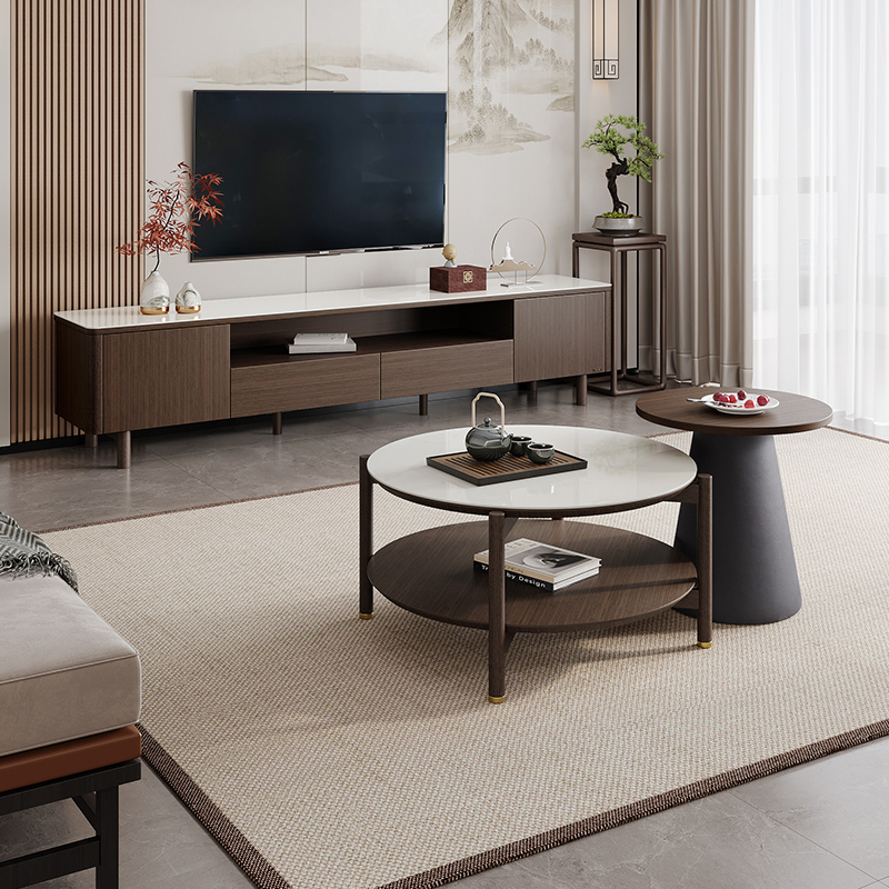 全友家居新中式橡胶木实木脚钢化玻璃台面客厅高圆茶几矮圆茶几高低错落半开放式分区储物电视柜家具