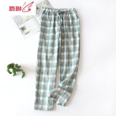 情侣款男女睡裤长裤纱布薄宽松大码棉格高腰家居裤费琳