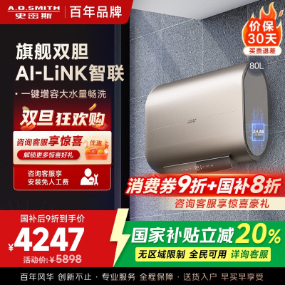 史密斯80升电热水器 家用 双胆扁桶 纤薄黑科技 大屏触控 双擎速热 E80HGDWi一级能效 储水式