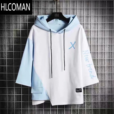 HLCOMAN连帽七分袖卫衣男潮流韩版宽松百搭蝙蝠短袖t恤男ins7五分袖