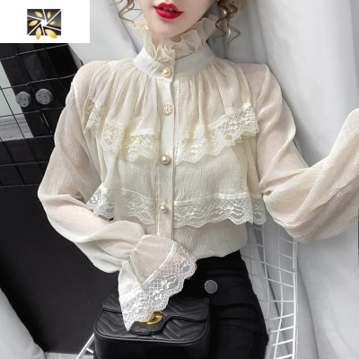 暖青汇木耳边立领雪纺上衣女装早春设计感小众气质蕾丝花边拼接长袖衬衫蕾丝衫