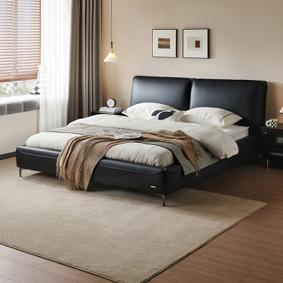 全友家居 意式头层牛皮真皮床极简风主卧室双人高脚大床