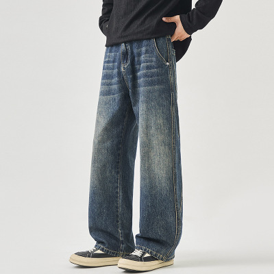 高街风阔腿牛仔裤男复古水洗做旧工艺垂感十足2026男长裤