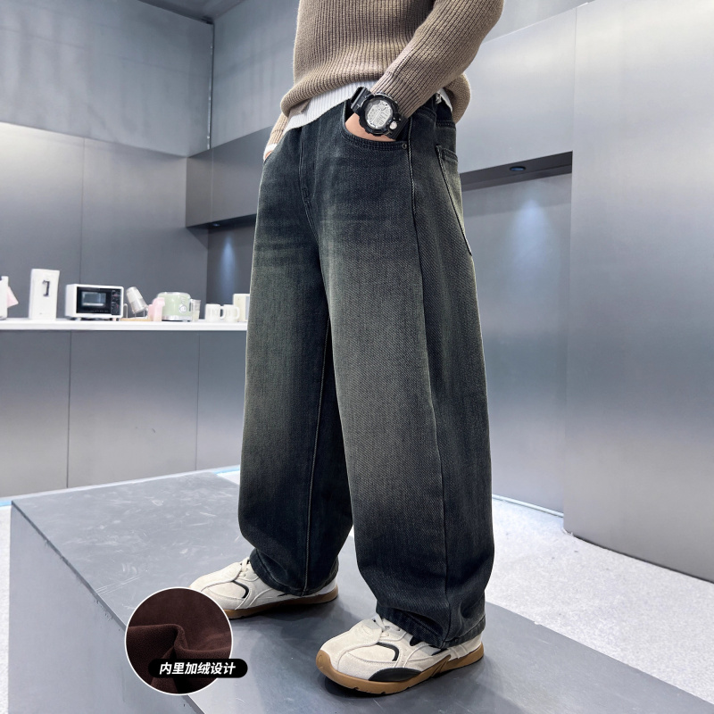 男童加绒牛仔裤新款大儿童加厚冬季直筒裤秋冬款一体绒裤子潮