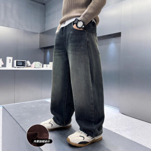 男童加绒牛仔裤新款大儿童加厚冬季直筒裤秋冬款一体绒裤子潮