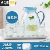 三维工匠玻璃果汁壶耐热冷水壶大容量茶壶凉白开水壶家用凉水壶 中号白色茶盘套装(200水杯、海蓝色壶、茶盘花样随机发)