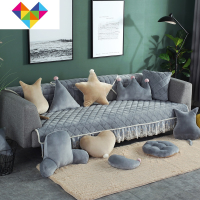 全盖沙发垫防滑坐垫毛绒罩代简约家用客厅全包四季通用靠背巾方格花边-灰色70*90(无花边）御蓝锦