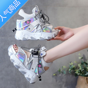 SUNTEK高跟老爹凉鞋女2022夏季新款韩版拼色鱼嘴网红时尚厚底内增高罗马