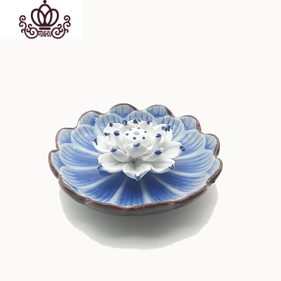 封后多款陶瓷莲花香插香炉线香盘香薰香座手工荷花花朵香熏香道点香器冰裂青花边蓝荷