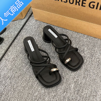 SUNTEK罗马后空套趾金属扣凉鞋女2023夏季新款ins韩版度假风小众高跟鞋