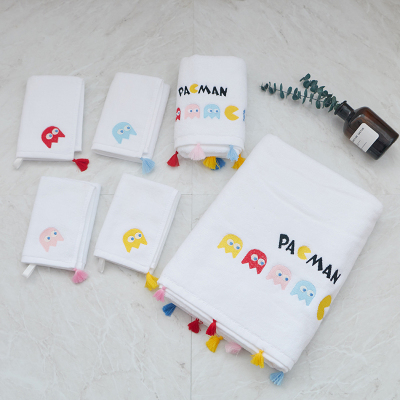 可爱吃豆人小流苏刺绣毛巾全棉浴巾彩色儿童方巾成人洗脸面巾