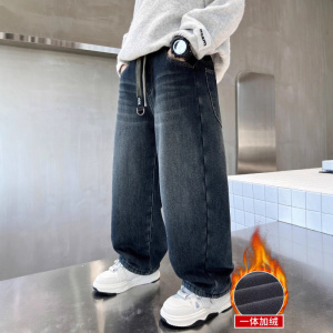 男童加绒裤子秋冬款男孩初中生12岁加厚牛仔裤男大童韩版阔腿裤潮