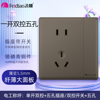 飞雕(FEIDIAO)超薄大板 开关插座格韵系列86型带开关插座面板墙壁电源插座 格韵荧光灰五孔一开双