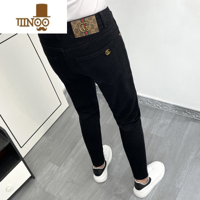 YANXU纯黑色九分修身牛仔裤男韩版潮牌青年2022年新款长裤小脚潮流