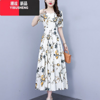 YIBUSHENG雪纺连衣裙女2024新款短袖收腰显瘦气质时尚减龄碎花长款大摆裙