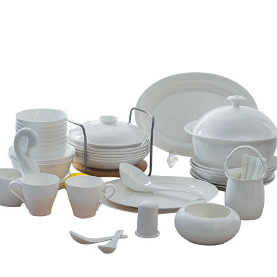 LICHEN釉下彩骨瓷餐具纯白套装景德镇陶瓷器碗盘碗碟微波炉适用60头圆形纯白餐具