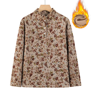 年印花款妈妈内搭加绒保暖女装中老年人打底衫冬季上衣中领女