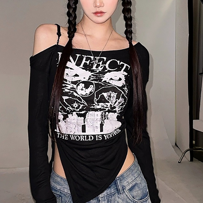 露肩T恤薄款不规则长袖防晒上衣美式复古印花设计感打底衫春秋款