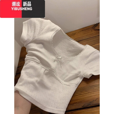 YIBUSHENG白色蝴蝶结镂空针织冰丝短袖T恤女季纯欲风修身正肩露腰短上衣