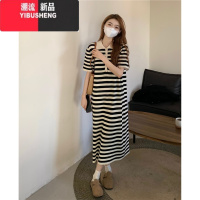 YIBUSHENGPOLO领短袖连衣裙女2023年季新款中长款宽松慵懒外穿条纹长裙子