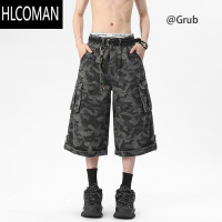 HLCOMAN美式高街迷彩牛仔短裤男夏季潮牌工装七分裤宽松阔腿运动中裤