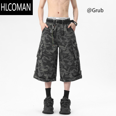 HLCOMAN美式高街迷彩牛仔短裤男夏季潮牌工装七分裤宽松阔腿运动中裤