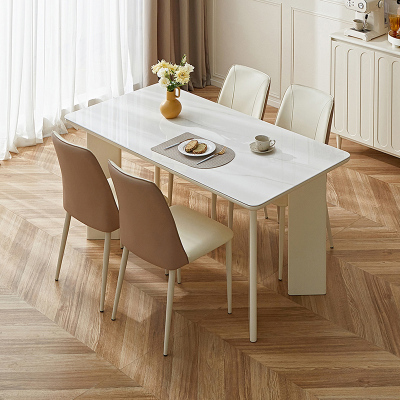 全友家居餐桌奶油风实木桌腿长方形钢化玻璃桌面吃饭桌客厅餐厅桌