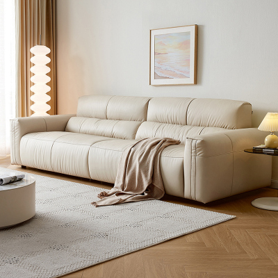 全友家居 奶油风真皮沙发客厅家用实木内架头层牛皮艺直排沙发