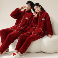 情侣睡衣秋冬季珊瑚绒本命年喜庆结婚大红色一男士一女家居服套装_333