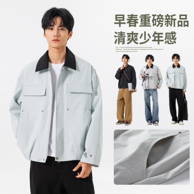 男装春秋季男潮牌长袖百搭时尚翻领工装夹克痞帅外套男士
