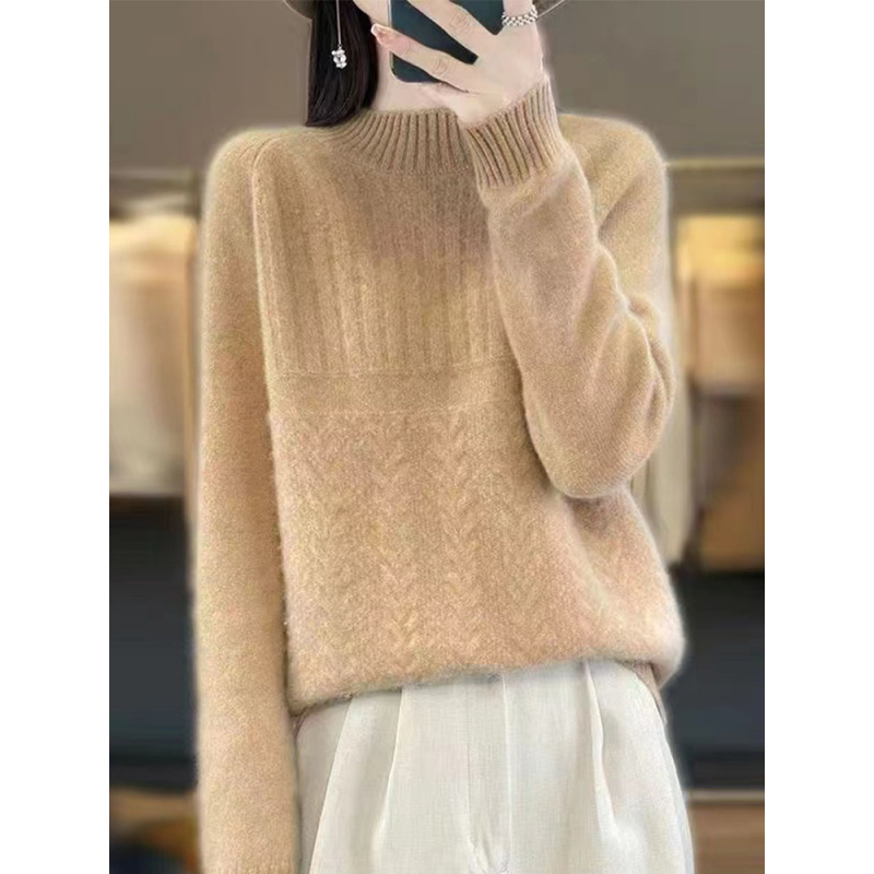 秋冬保暖半高领毛衣女套头外穿新款内搭麻花麦穗上衣打底针织衫