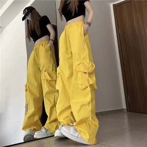 美式复古小众工装裤女立体口袋高腰直筒阔腿飘带宽松休闲拖地长裤