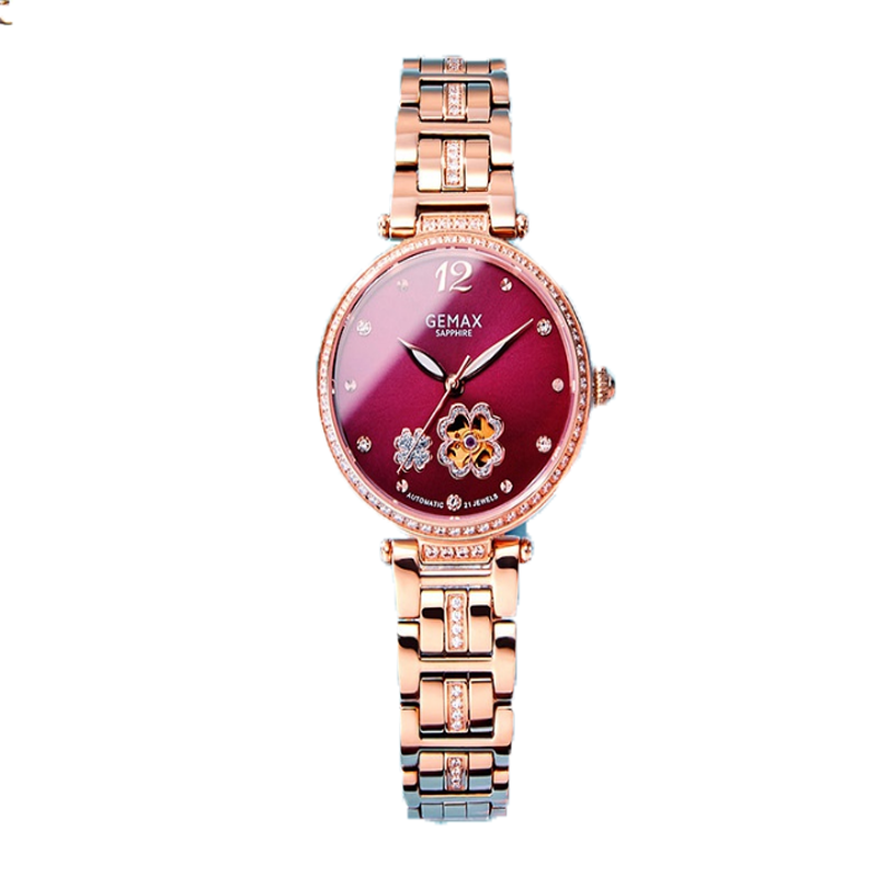 gemax格玛仕四叶草机械表女细带小巧气质酒红色女士手表防水女款正品