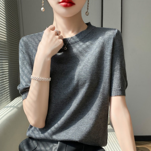 春夏精纺薄款天丝羊毛短袖女宽松圆领T恤纯色大码针织衫半袖