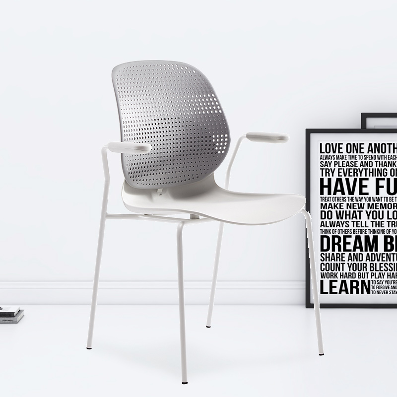 臻远ZY-7836 简约休闲办公椅轻奢铁艺靠背椅 灰背白座扶手款