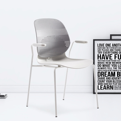 臻远ZY-7836 简约休闲办公椅轻奢铁艺靠背椅 灰背白座扶手款