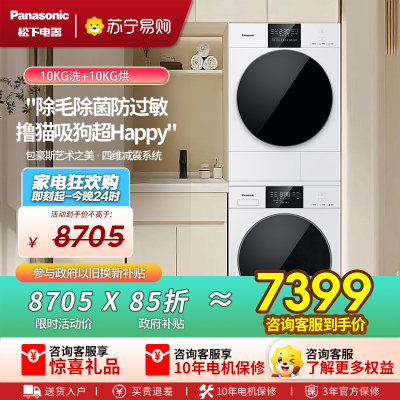 松下(Panasonic)白月光5.0SE洗烘套装 10KG滚筒洗衣机全自动+10KG热泵烘干机 F2A1+F2AR1
