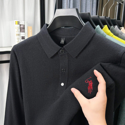 秋季新款男士长袖时尚刺绣仿羊绒单面中厚款翻领男士上衣