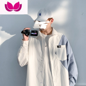 七斓衬衣男ins港风日系潮流宽松长袖衬衫设计感拼接上衣学生春季外套