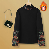 妈妈新款保暖休闲高档打底衫秋季宽松一体绒刺绣T恤洋气上衣