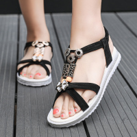 SEMBOSR凉鞋女2018新款百搭波西米亚水钻串珠学生凉鞋女夏平底防滑松紧孕妇鞋女