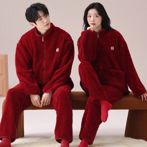 马年情侣睡衣女秋冬季珊瑚绒新婚本命年红色男士法兰绒家居服套装